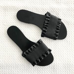 Rigenerato Victor Black Leather Ruffle Trim Simple Slide Slip On Sandals 37